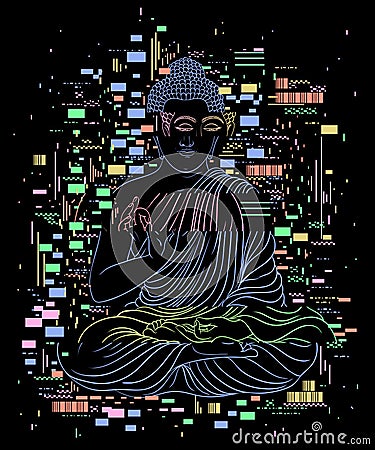 Glitch tattoo.Portrait of Buddha and pixel noise. Concept design for banner, card, t-shirt, print, poster. Vector Illustration