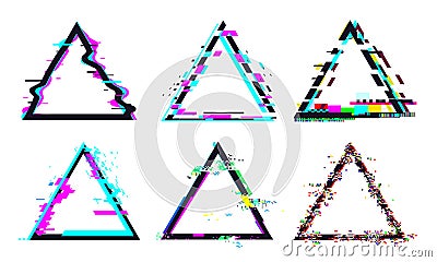 Glitch triangle frame. Destroyed geometric shape with distorted signal or noise. Light bug effects set Vector Illustration