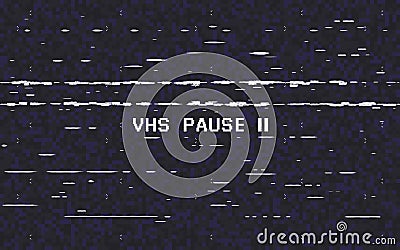 Glitch VHS on black background. Old tape effect. Glitched lines noise. Video recorder pause. Retro backdrop. Vector Vector Illustration