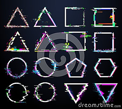 Glitch white frames. Distorted circle, square and triangle and polygonal shapes. Tv distortion geometry figure Vector Illustration