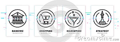 Glitched bank, shopping cart, sales funnel, chess icons set. Vector Illustration