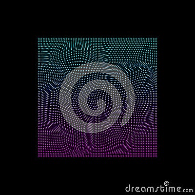 Glitched square of small dots in neon vivid colors on black background Vector Illustration