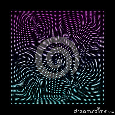 Glitched square of small particles in neon vivid colors on black background. Vector Illustration
