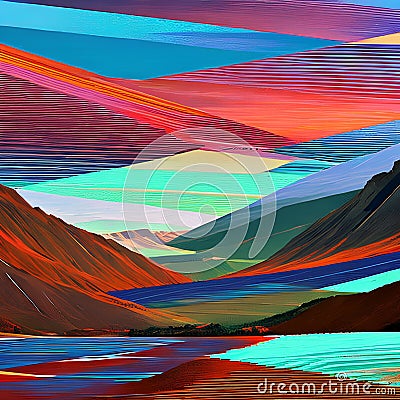 A glitchy abstract landscape of mountains and valleys, with pixels and lines breaking apart and reassembling5, Generative AI Stock Photo