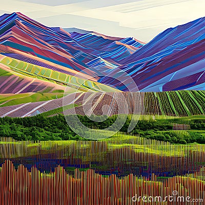 A glitchy abstract landscape of mountains and valleys, with pixels and lines breaking apart and reassembling2, Generative AI Stock Photo