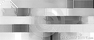 Glitchy pixelated striped background. Bitmap noise stripe texture. Halftone glitch grunge overlay. Dotted distorted Vector Illustration