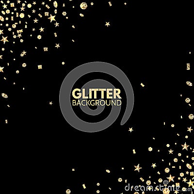 Glitter background. Bright Merry Christmas frame. Golden sparkle on black backdrop. Falling glitter confetti. Vector Vector Illustration
