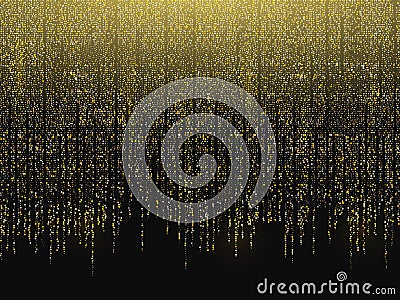 Glitter background. Gold garlands falling down. Christmas background. Golden sparks on a black backdrop. Luxury Vector Illustration