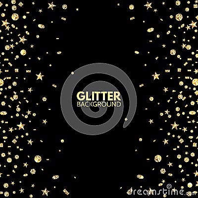 Glitter background. Gold sparkle on a black backdrop. Bright Christmas design. Falling glitter confetti. Sparkling festive frame. Vector Illustration