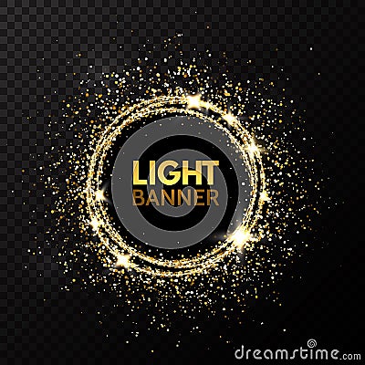 Glitter circle. Festive gold sparkle background. Glittering circle frame. Star dust. Light design for Christmas and Vector Illustration