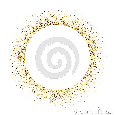 Glitter circle on white backdrop. Luxury frame with gold confetti. Shining round element. Golden dust texture for Vector Illustration