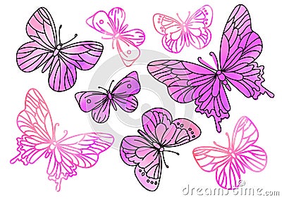 Fairy Clipart PINK BUTTERFLIES Color Vector Illustration Magic Beautiful Picture Paint Drawing Set Scrapbooking Golden Stock Photo