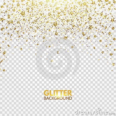 Glitter confetti. Gold glitter falling on transparent background. Christmas bright shimmer design. Glowing particles effect for lu Vector Illustration