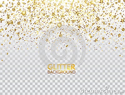 Glitter confetti. Gold glitter particles falling on transparent background. Christmas bright shimmer design. Glowing Vector Illustration