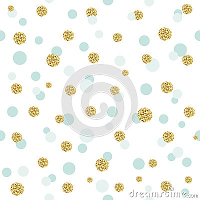 Glitter confetti polka dot seamless pattern background. Golden and pastel blue trendy colors. For birthday and scrapbook Vector Illustration