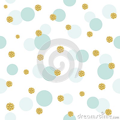 Glitter confetti polka dot seamless pattern background. Golden and pastel blue trendy colors. For birthday and scrapbook Vector Illustration