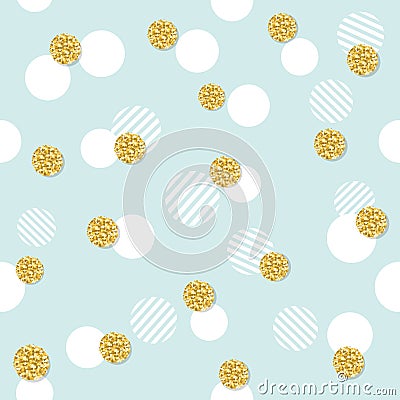 Glitter confetti polka dot seamless pattern background. Golden and pastel blue trendy colors. For birthday and scrapbook design. Stock Photo