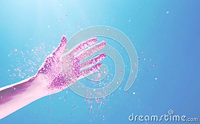 Glitter falling on women hand from above on blue background. Neon pink visual escapism, vibrant surreal world Stock Photo