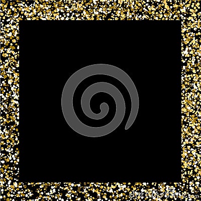Glitter frame. Gold square border on black background. Christmas backdrop with copy space. Golden magic confetti wallpaper. Vector Illustration