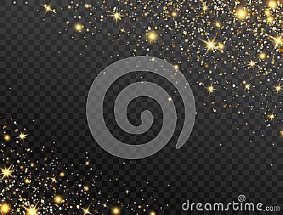 Glitter gold background. Bright particles effect. Star dust on transparent backdrop. Sparkling texture. Christmas luxury Vector Illustration