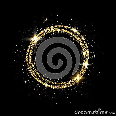 Glitter gold circle frame with space for text. Sparkling golden frame on black background. Bright glittering star dust Vector Illustration