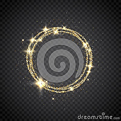 Glitter gold circle frame with space for text. Sparkling golden frame on transparent background. Bright glittering star Vector Illustration