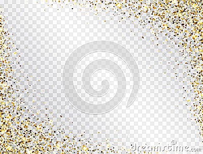 Glitter gold frame with space for text. Luxury glitter decoration border. Golden sparkles and dust on transparent Vector Illustration