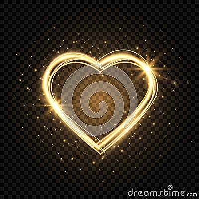 Glitter gold heart frame with space for text. Heart with golden light. Happy Valentines Day card with glowing heart. Bright Vector Illustration