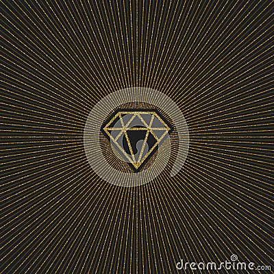 Glitter gold shining diamond with sunburst. Vector Illustration