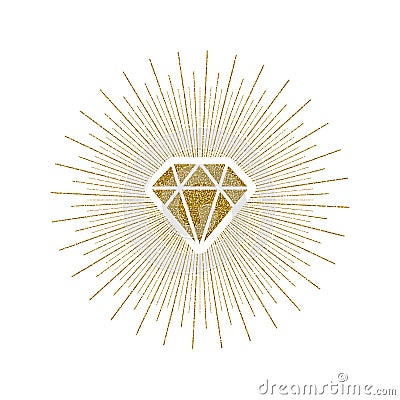 Glitter gold shining diamond with sunburst. Vector Illustration