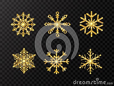 Glitter gold snowflakes set on transparent background. Sparkling golden snowflake with glitter texture. Christmas and Vector Illustration