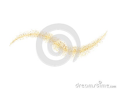 Glitter gold wave on white background. Bright golden stardust trail with sparkling particles. Space comet tail. Vip Vector Illustration