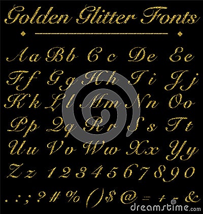 Glitter Golden Handwritten Fonts, Alphabet, Number On Black Back Vector Illustration