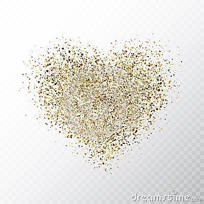 Glitter golden hearts isolated on transparent background. Gold glowing heart banner with star dust. Magic particles. Bright Vector Illustration