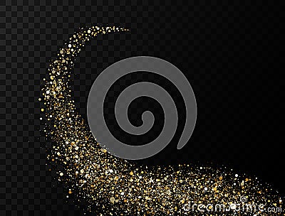 Glitter golden wave. Trail of sparkling particles on transparent background. Abstract gold flare trace. Light twist Vector Illustration