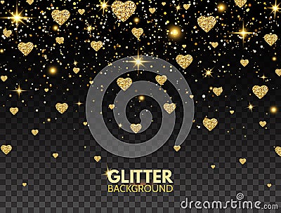 Glitter heart confetti. Gold glitter particles effect for luxury greeting card. Sparkling texture. Valentines day bright design Vector Illustration