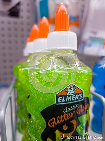 Close up of green ELMERS Glue on shelf at stationary store Editorial Stock Photo