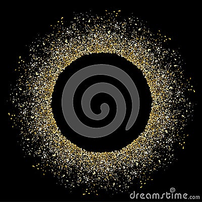 Glitter round frame with copy space. Gold blank ring border. Christmas confetti empty circle. Glittering golden magic backdrop Vector Illustration