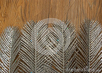 Glitter silver feather wood background Stock Photo