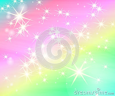 Glitter star rainbow background. Starry sky in pastel color. Bright mermaid pattern. Unicorn colorful stars backdrop. Cartoon Illustration