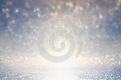 Glitter vintage lights background. gold, silver, blue and black. de-focused. Stock Photo