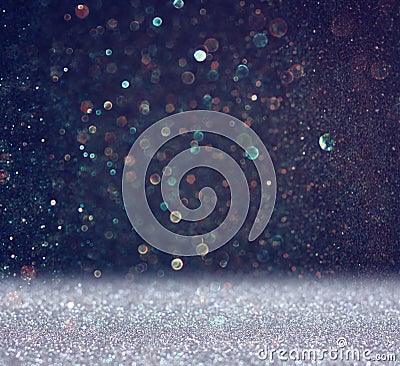 Glitter vintage lights background. light silver and black. defocused. Stock Photo