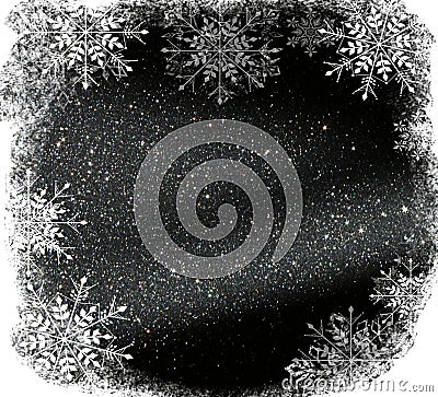 Glitter vintage lights background. light silver and black. defocused. with snowflakes overlay Stock Photo