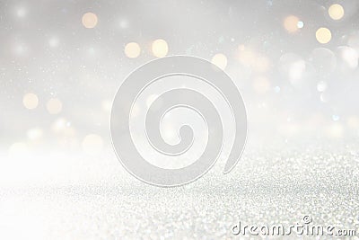 glitter vintage lights background. silver and light gold de-focused. Stock Photo