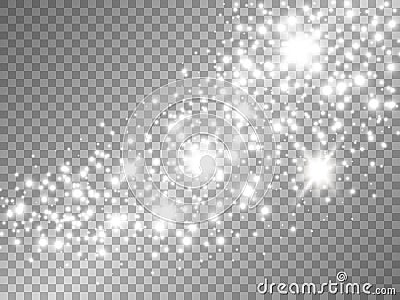 Glitter wave with silver light effect. Sparkling trail with white stars and stardust. Glowing comet with silver Vector Illustration