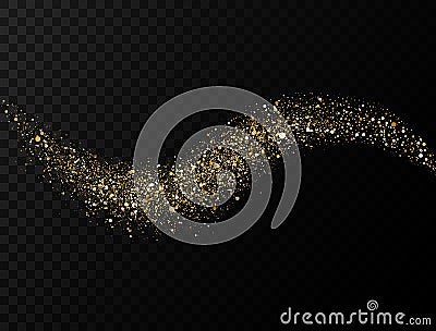 Glitter wave on transparent background. Gold sparkling glitter trail. Magic star dust. Glittery twirl with confetti Vector Illustration