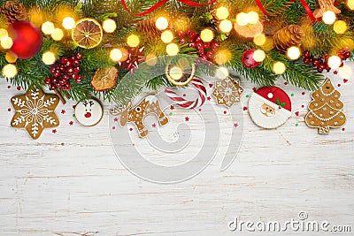 Glittered Christmas background, decorated holiday tree branches and copy space Stock Photo