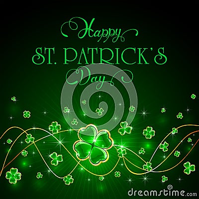 Glittering clover leaves on green Patricks Day background Vector Illustration