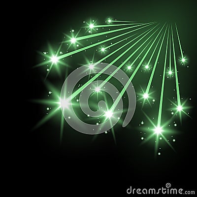 Glittering falling stars with stardust, green color Vector Illustration