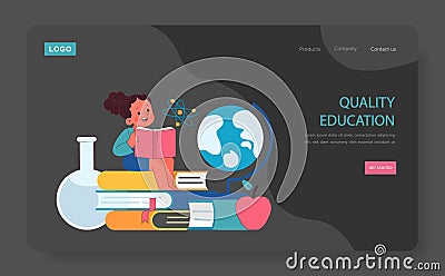 Global and affordable education dark or night mode web, landing. Open Vector Illustration